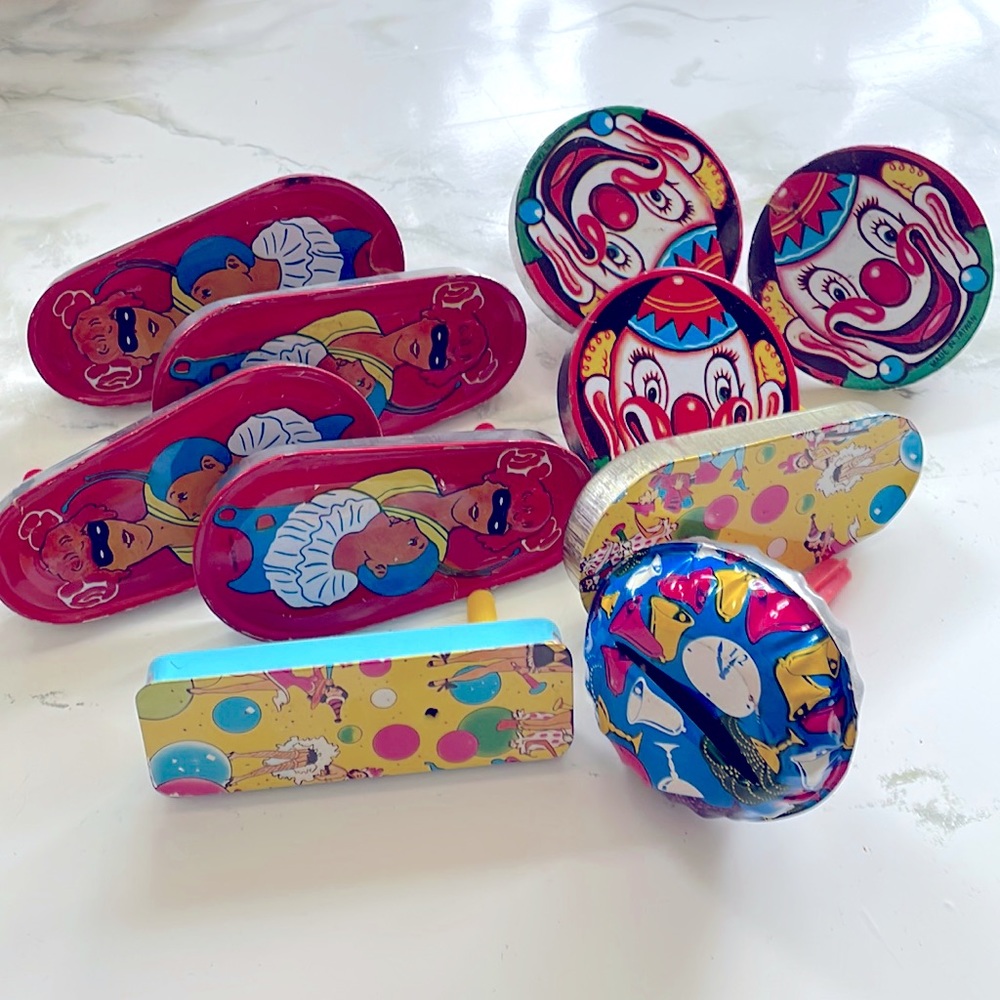 Vintage Metal Noise Makers, 70s Tin Litho Noisemaker Toys
